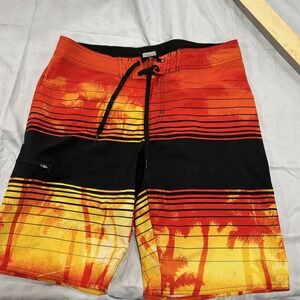 Surfcore Mens Hang Ten Board Shorts 34 Orange Sunset Palm Tree Trunks